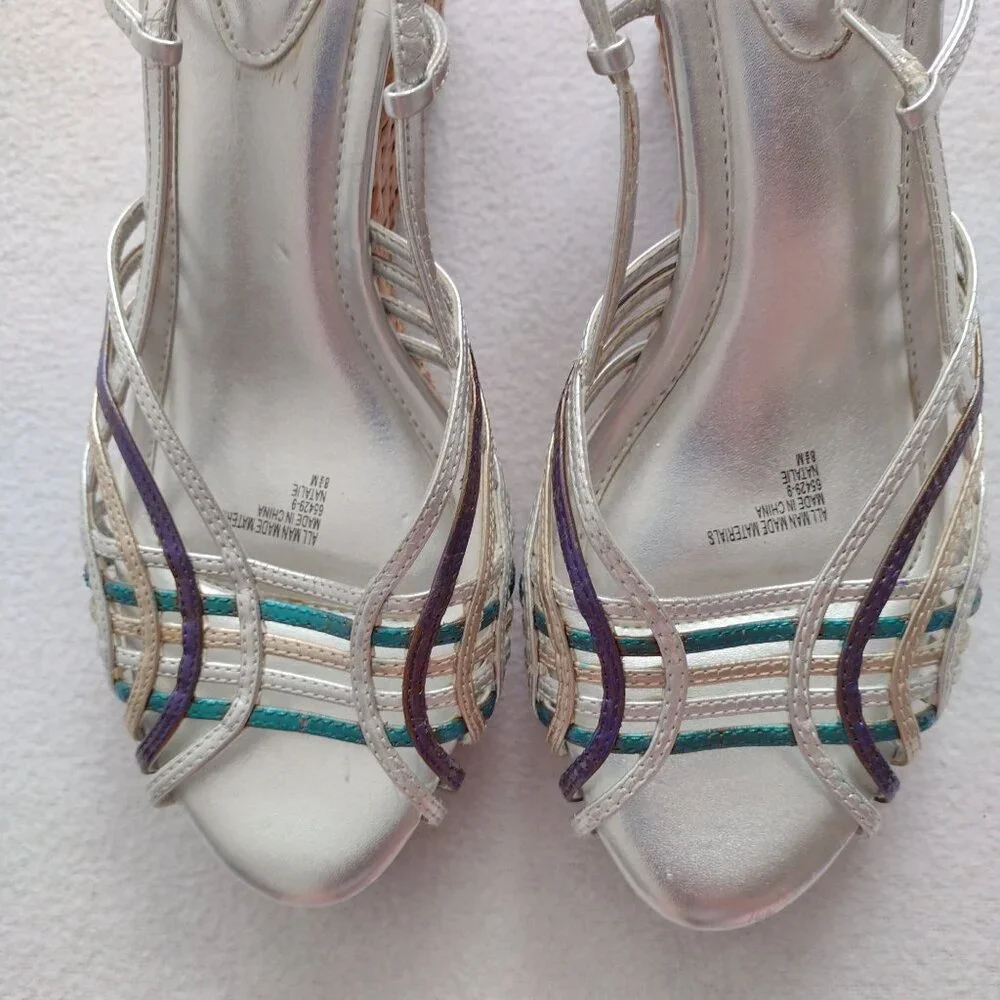 Connie Metallic Strappy Slingback Wedge 8.5 M Silver Straw Sandals - Picture 5 of 11